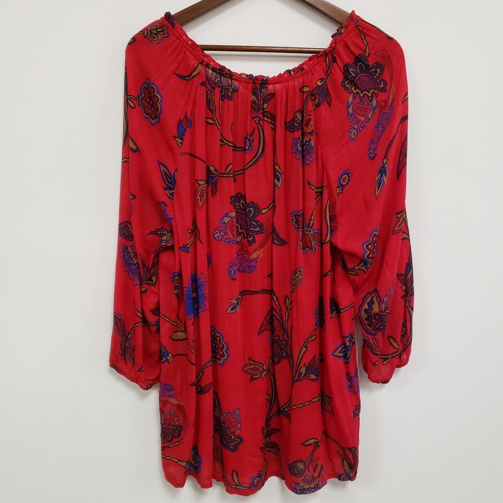 Lucky Brand Womens Bohemian Floral Tunic Top Size 2X Red Scoop Neck Long Sleeve - Picture 2 of 9